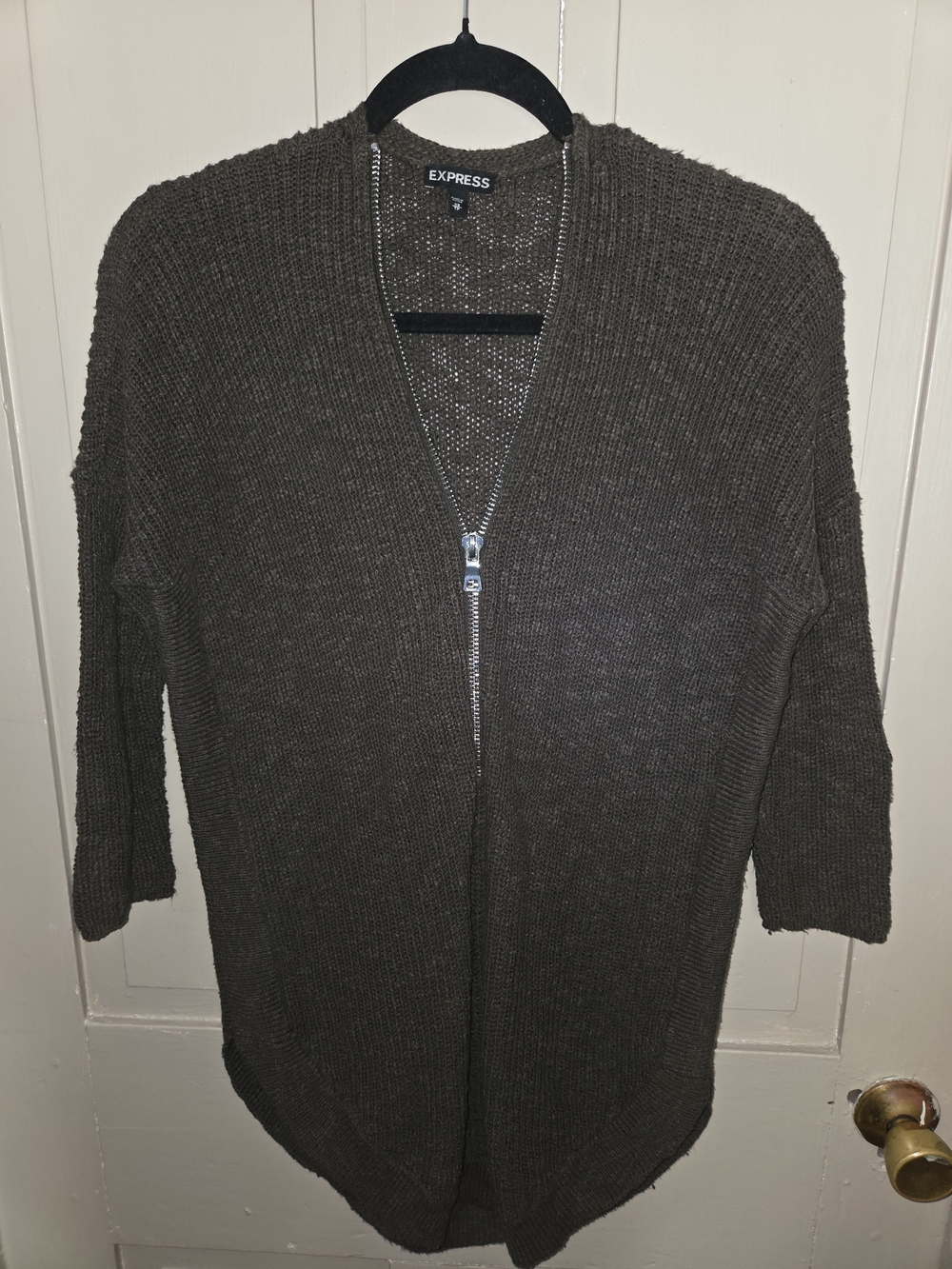 Express Olive Green Knit Zip-Front Cardigan